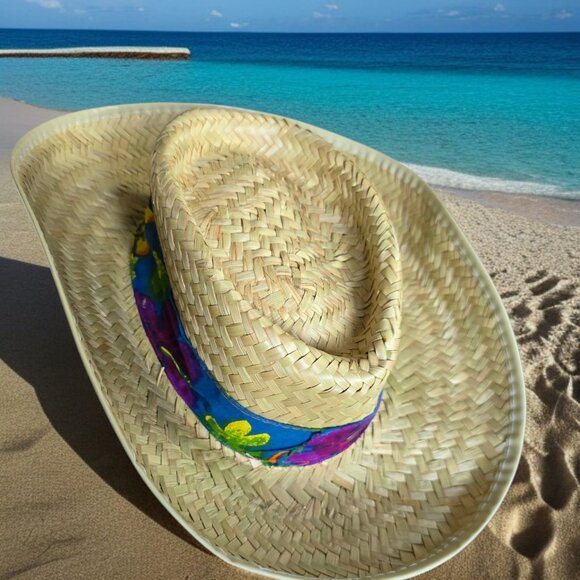 STRAW HAT OSFA Wide Brim Straw Hat Made in Mexico Tropical Band - Picture 3 of 5